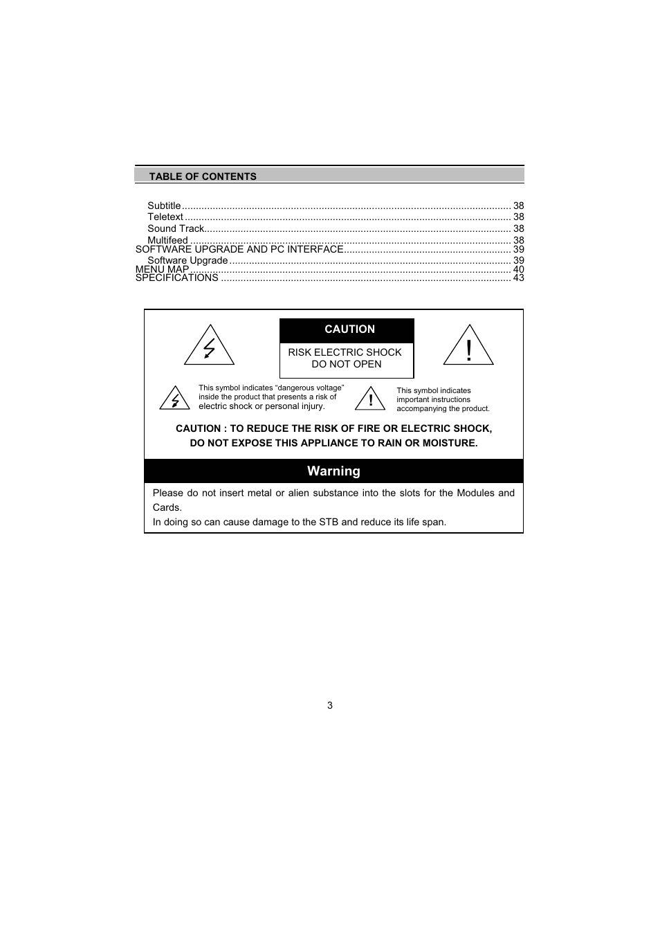 Warning | Topfield TF5000Fe User Manual | Page 3 / 45