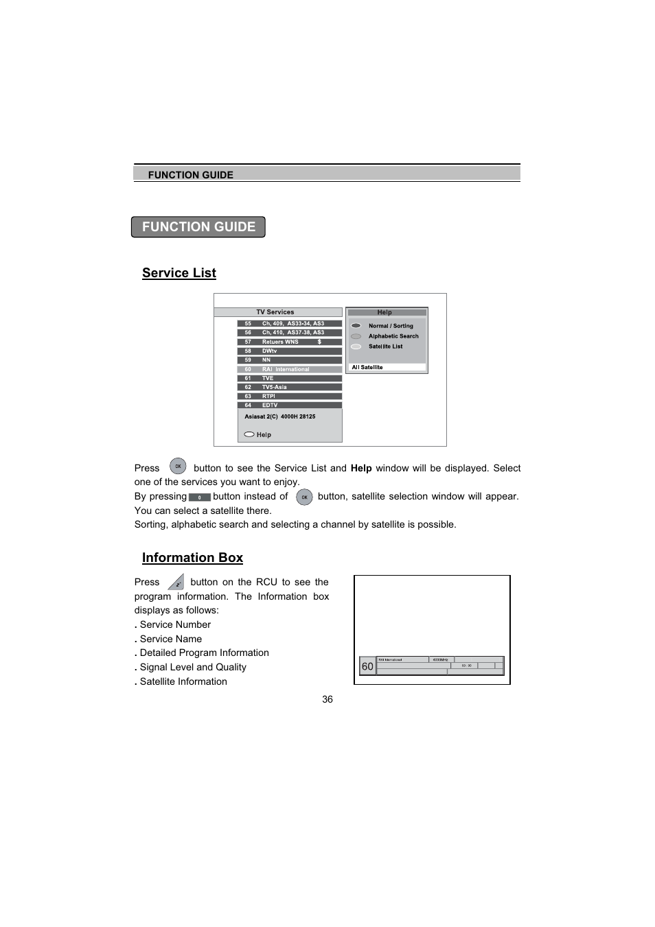 Function guide service list, Information box | Topfield TF5000Fe User Manual | Page 36 / 45