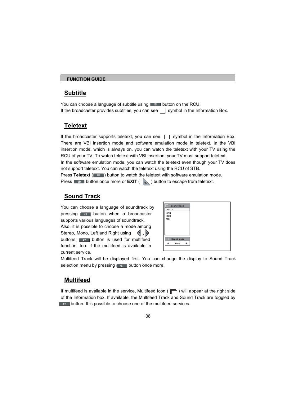 Subtitle, Teletext, Sound track | Multifeed | Topfield TF5000Fe User Manual | Page 38 / 45