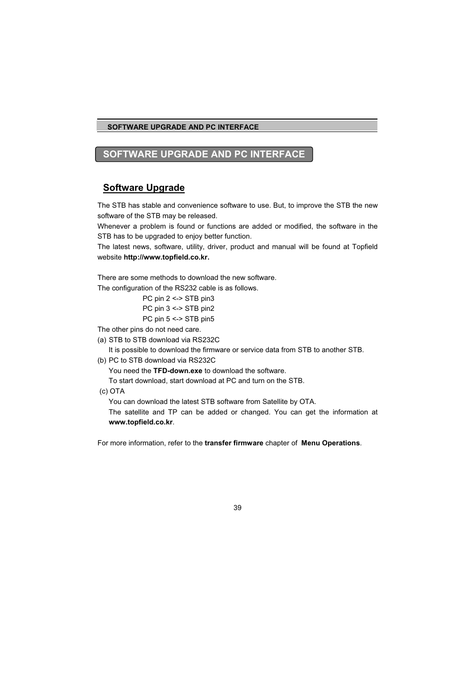 Software upgrade and pc interface software upgrade | Topfield TF5000Fe User Manual | Page 39 / 45