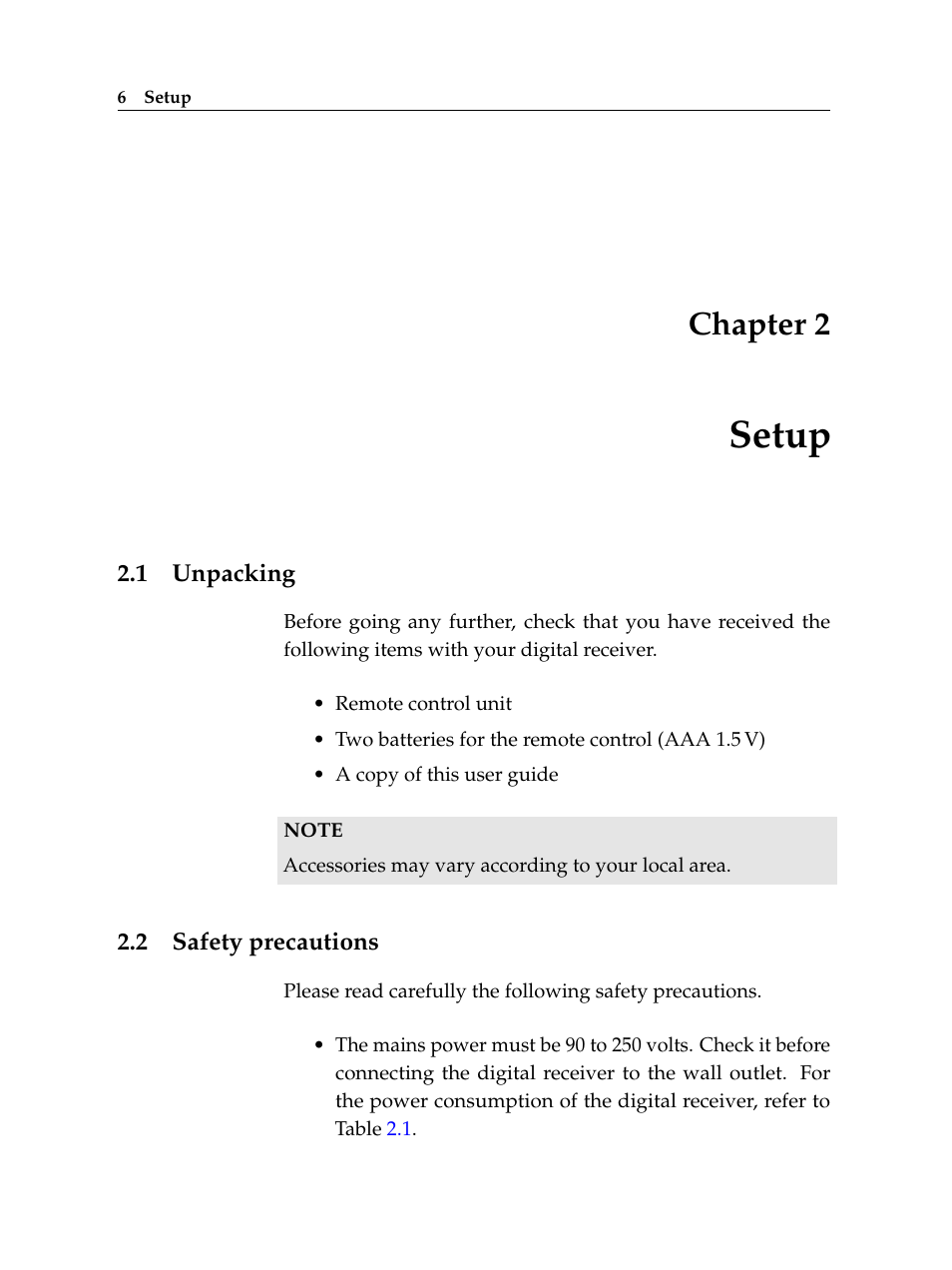 2 setup, 1 unpacking, 2 safety precautions | Setup, Unpacking, Safety precautions, Chapter 2 | Topfield USER GUIDE DIGITAL CABLE RECEIVER TF 100 C User Manual | Page 12 / 50