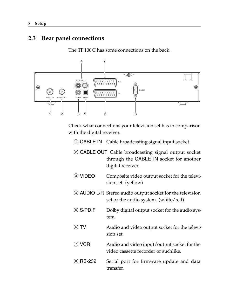 3 rear panel connections, Rear panel connections, The tf 100 c has some connections on the back | Cable in cable broadcasting signal input socket | Topfield USER GUIDE DIGITAL CABLE RECEIVER TF 100 C User Manual | Page 14 / 50
