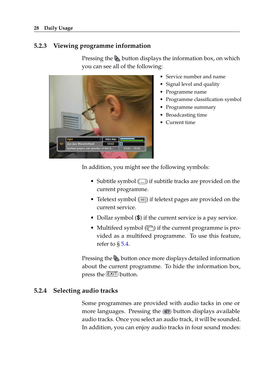 3 viewing programme information, 4 selecting audio tracks, Viewing programme information | Selecting audio tracks | Topfield USER GUIDE DIGITAL CABLE RECEIVER TF 100 C User Manual | Page 34 / 50