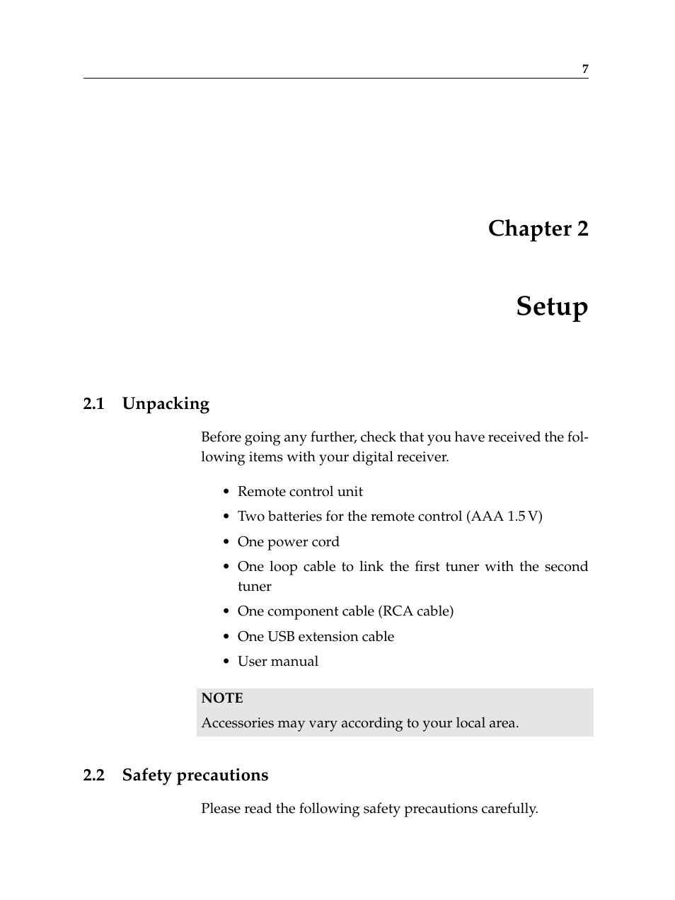 2 setup, 1 unpacking, 2 safety precautions | Setup, Unpacking, Safety precautions, Chapter 2 | Topfield TF 7000 HD PVRt User Manual | Page 13 / 68