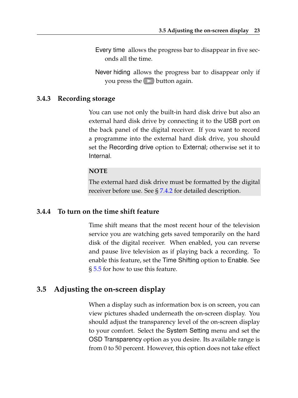 3 recording storage, 4 to turn on the time shift feature, 5 adjusting the on-screen display | Recording storage, To turn on the time shift feature, Adjusting the on-screen display | Topfield TF 7000 HD PVRt User Manual | Page 29 / 68