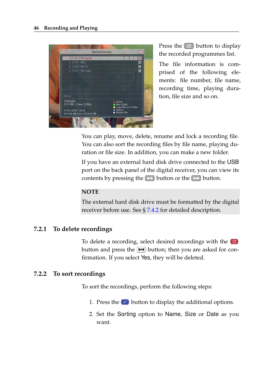 1 to delete recordings, 2 to sort recordings, To delete recordings | To sort recordings | Topfield TF 7000 HD PVRt User Manual | Page 52 / 68