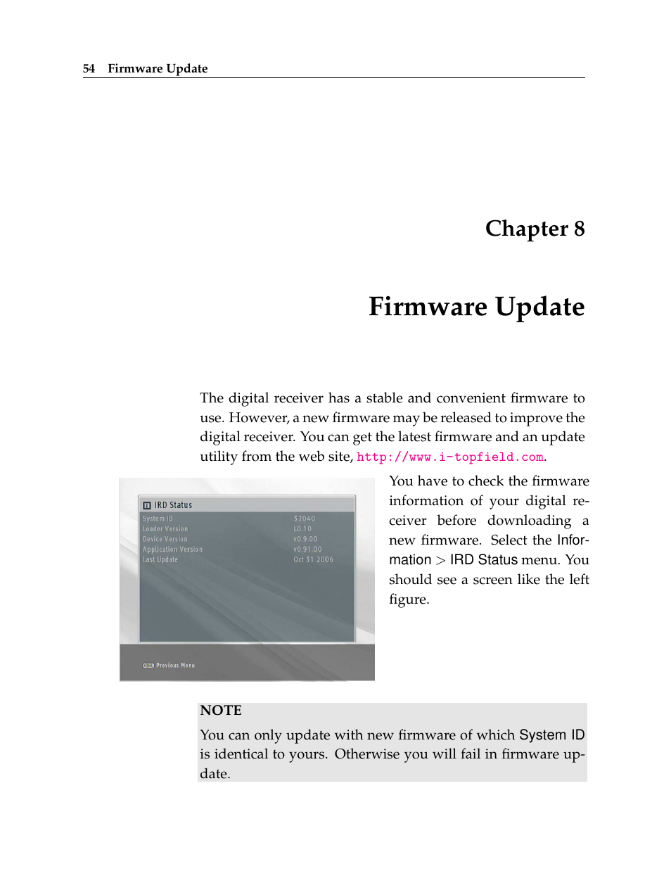 8 firmware update, Firmware update, Chapter 8 | Topfield TF 7000 HD PVRt User Manual | Page 60 / 68