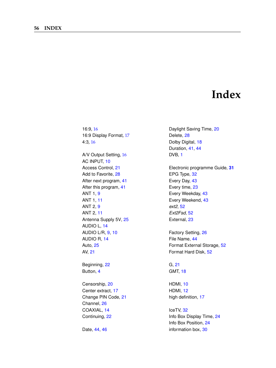 Index | Topfield TF 7000 HD PVRt User Manual | Page 62 / 68