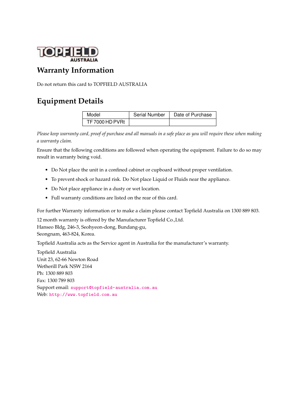 Warranty information, Equipment details | Topfield TF 7000 HD PVRt User Manual | Page 65 / 68