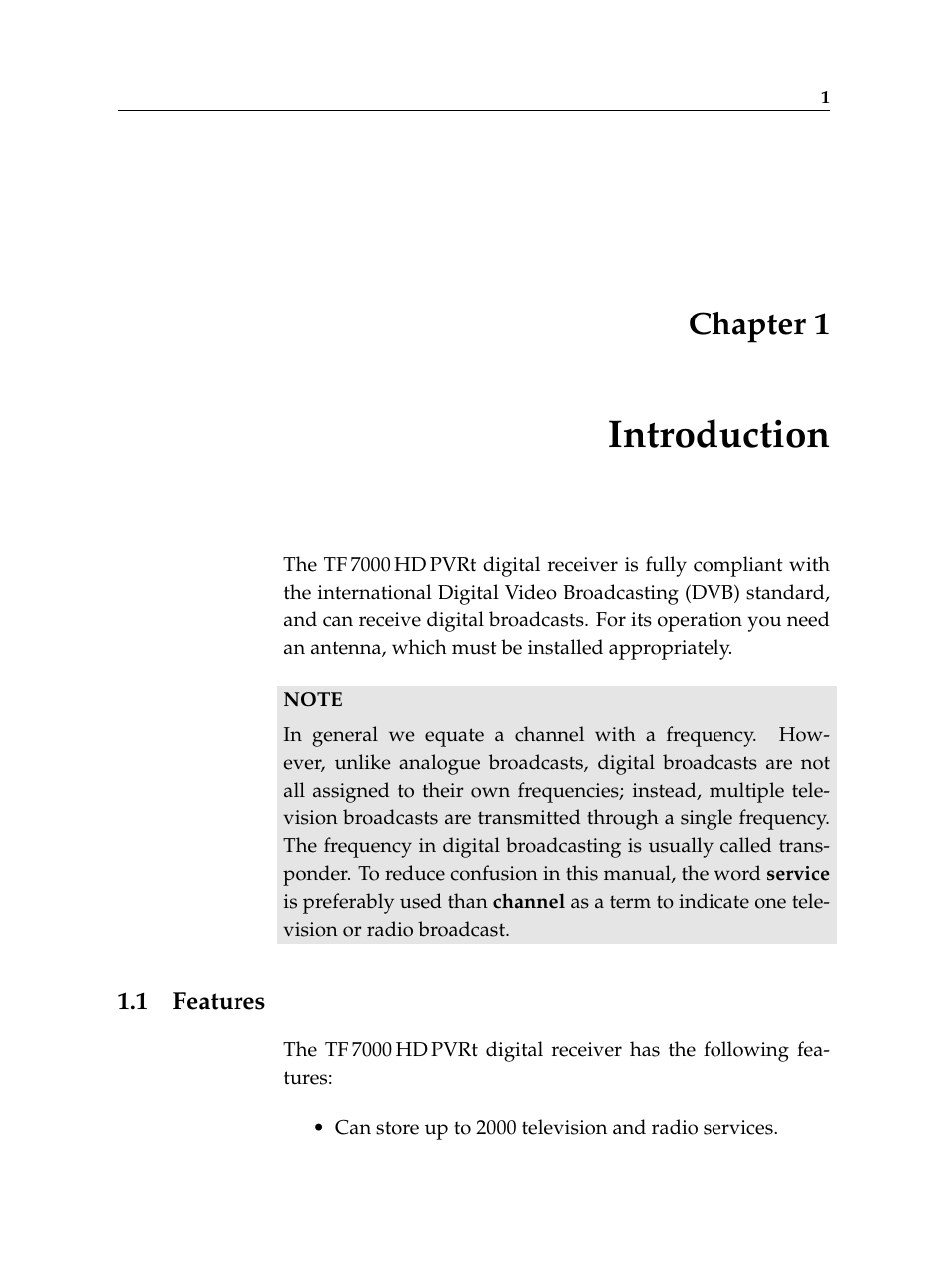 1 introduction, 1 features, Introduction | Features, Chapter 1 | Topfield TF 7000 HD PVRt User Manual | Page 7 / 68