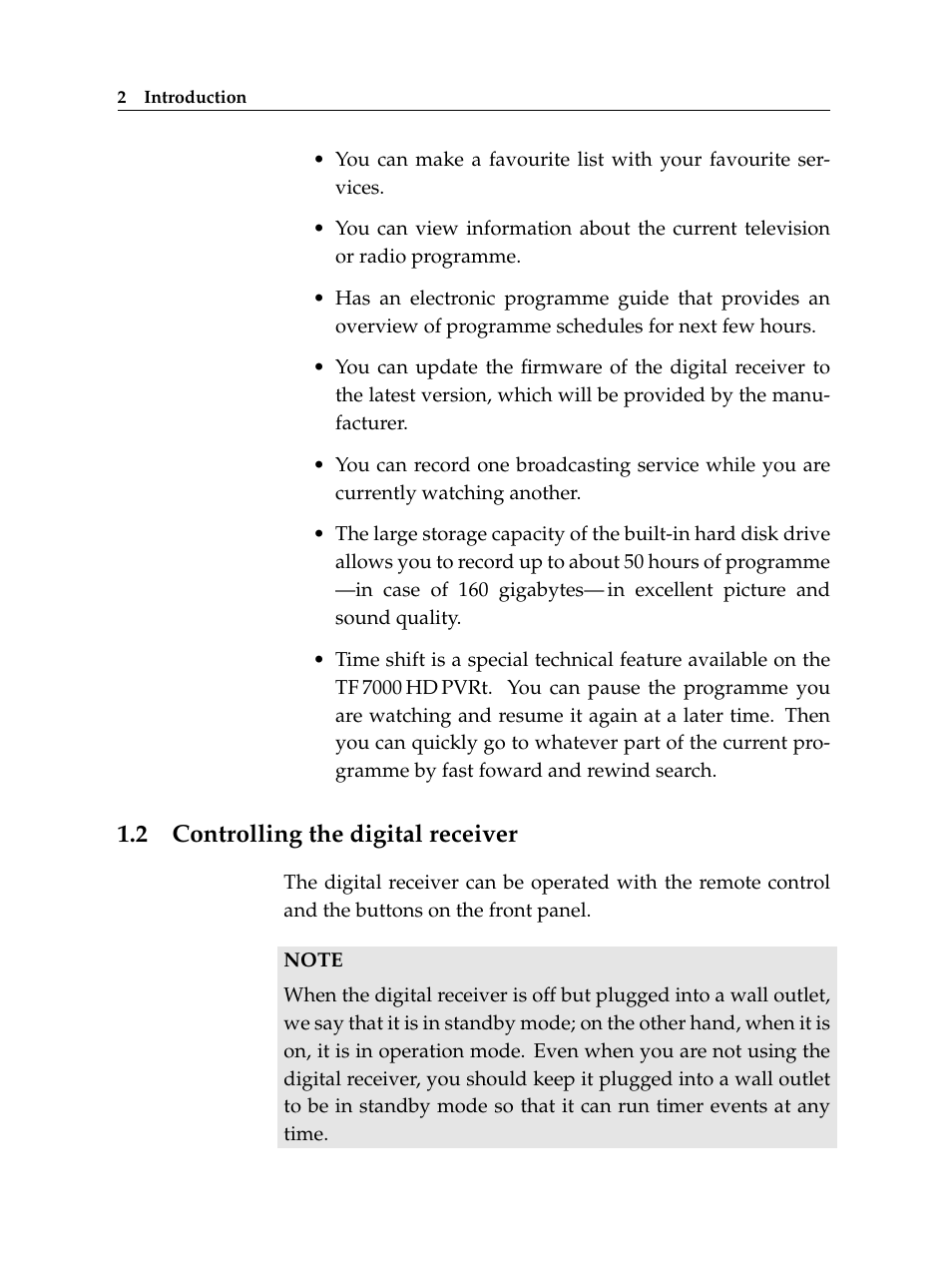2 controlling the digital receiver, Controlling the digital receiver | Topfield TF 7000 HD PVRt User Manual | Page 8 / 68