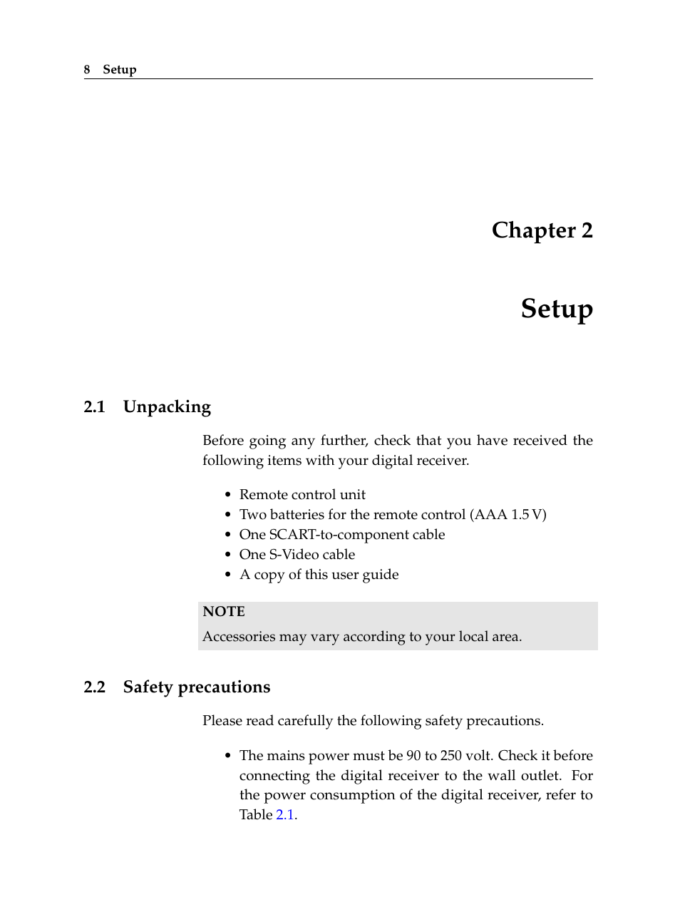 2 setup, 1 unpacking, 2 safety precautions | Setup, Unpacking, Safety precautions, Chapter 2 | Topfield TF 5510 PVR User Manual | Page 14 / 108