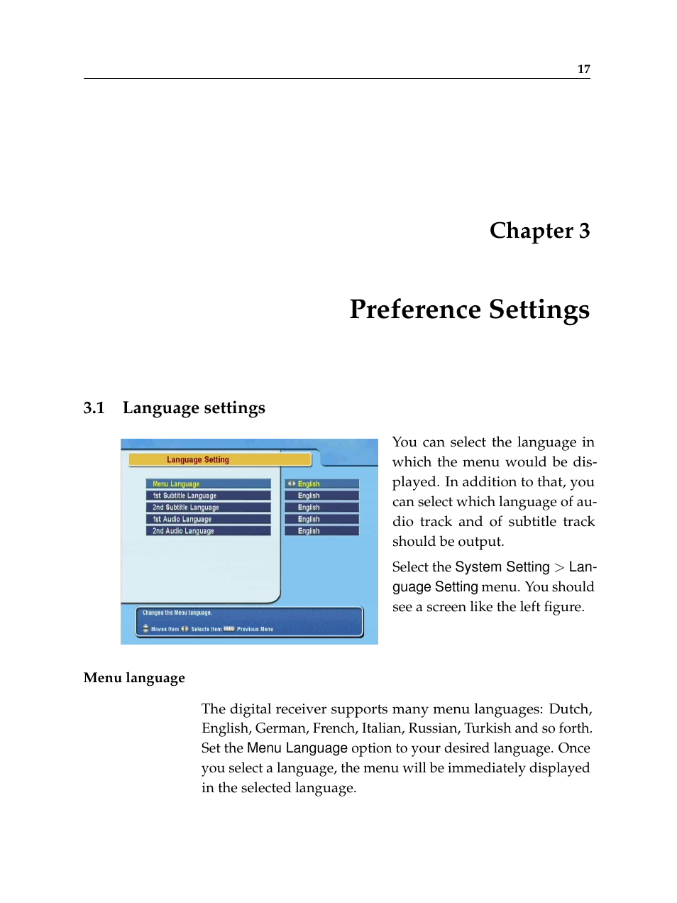 3 preference settings, 1 language settings, Preference settings | Language settings, Chapter 3 | Topfield TF 5510 PVR User Manual | Page 23 / 108