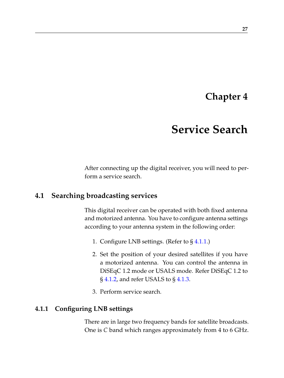 4 service search, 1 searching broadcasting services, 1 configuring lnb settings | Service search, Searching broadcasting services, Configuring lnb settings, Chapter 4 | Topfield TF 5510 PVR User Manual | Page 33 / 108