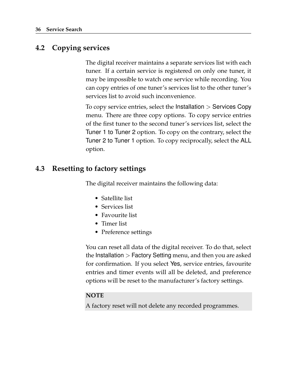 2 copying services, 3 resetting to factory settings, Copying services | Resetting to factory settings | Topfield TF 5510 PVR User Manual | Page 42 / 108