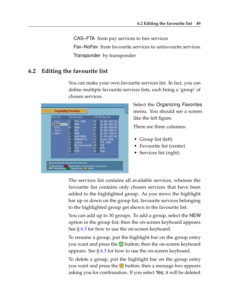 2 editing the favourite list, Editing the favourite list | Topfield TF 5510 PVR User Manual | Page 55 / 108