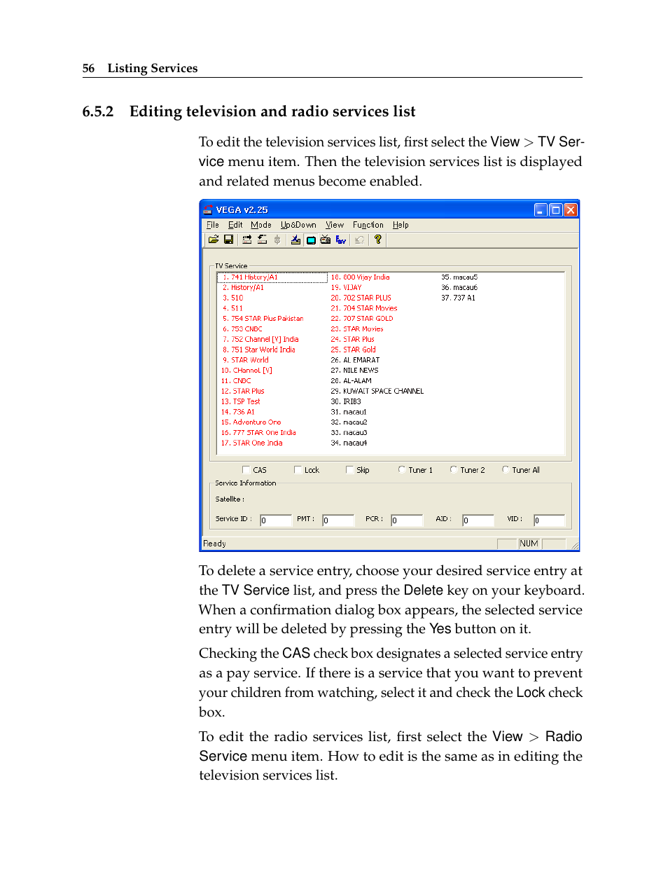 2 editing television and radio services list, Editing television and radio services list | Topfield TF 5510 PVR User Manual | Page 62 / 108
