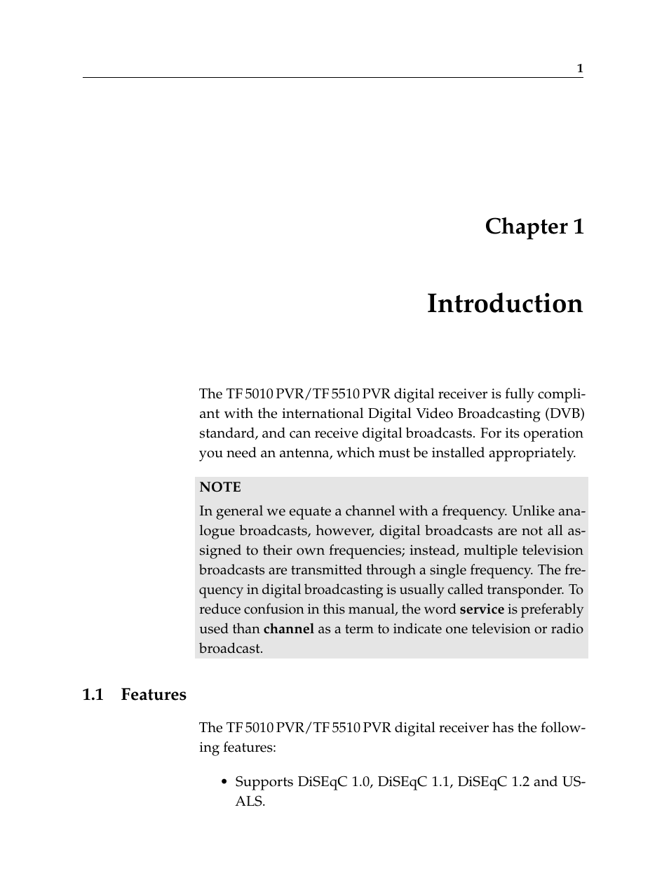 1 introduction, 1 features, Introduction | Features, Chapter 1 | Topfield TF 5510 PVR User Manual | Page 7 / 108