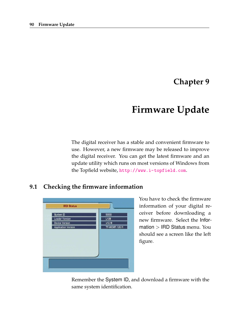 9 firmware update, 1 checking the firmware information, Firmware update | Checking the firmware information, Chapter 9 | Topfield TF 5510 PVR User Manual | Page 96 / 108