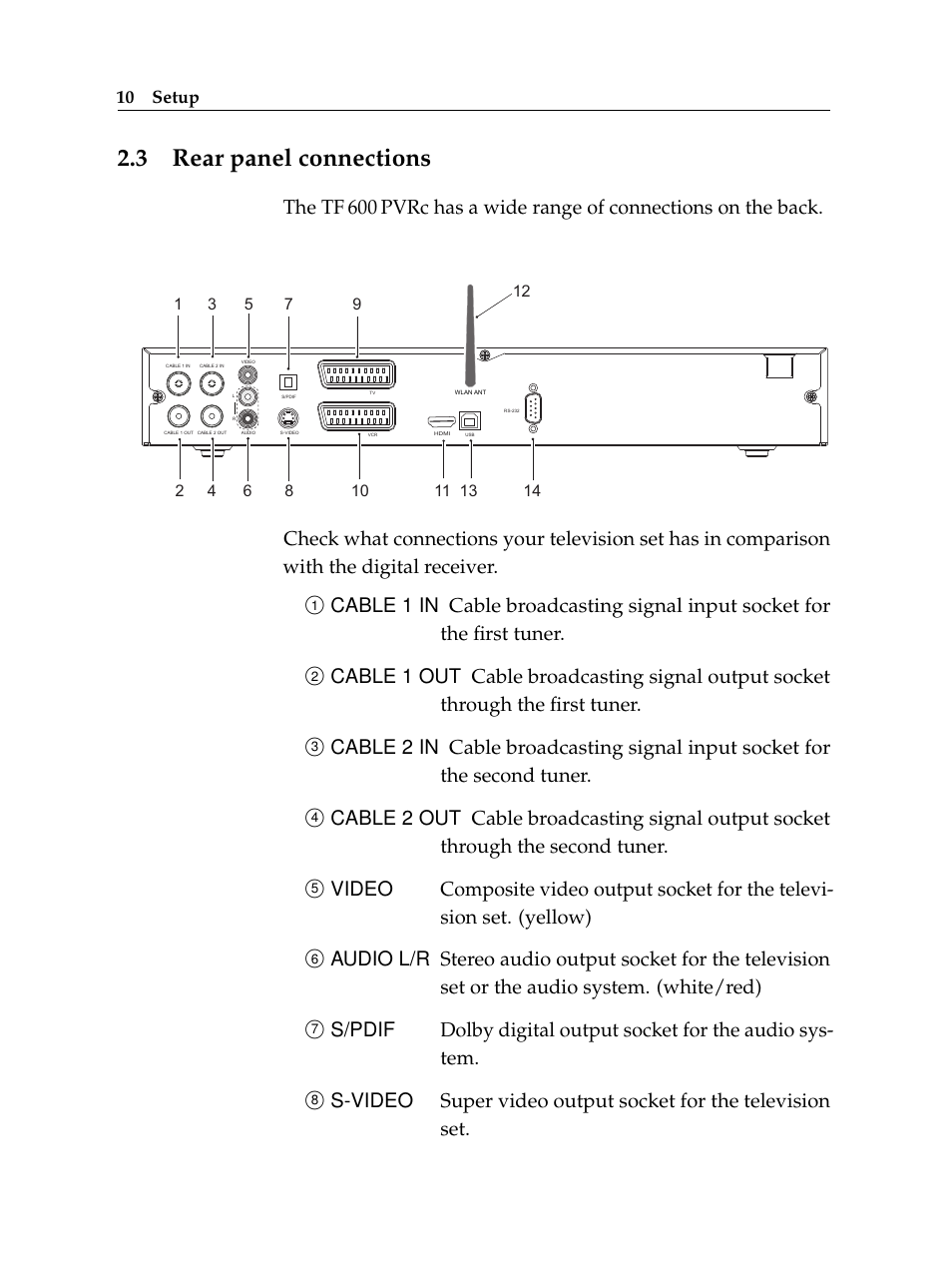 3 rear panel connections, Rear panel connections | Topfield Digital Cable Receiver Personal Video Recorder TF 600 PVRc User Manual | Page 16 / 90