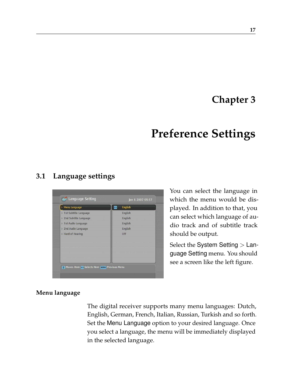 3 preference settings, 1 language settings, Preference settings | Language settings, Chapter 3 | Topfield Digital Cable Receiver Personal Video Recorder TF 600 PVRc User Manual | Page 23 / 90