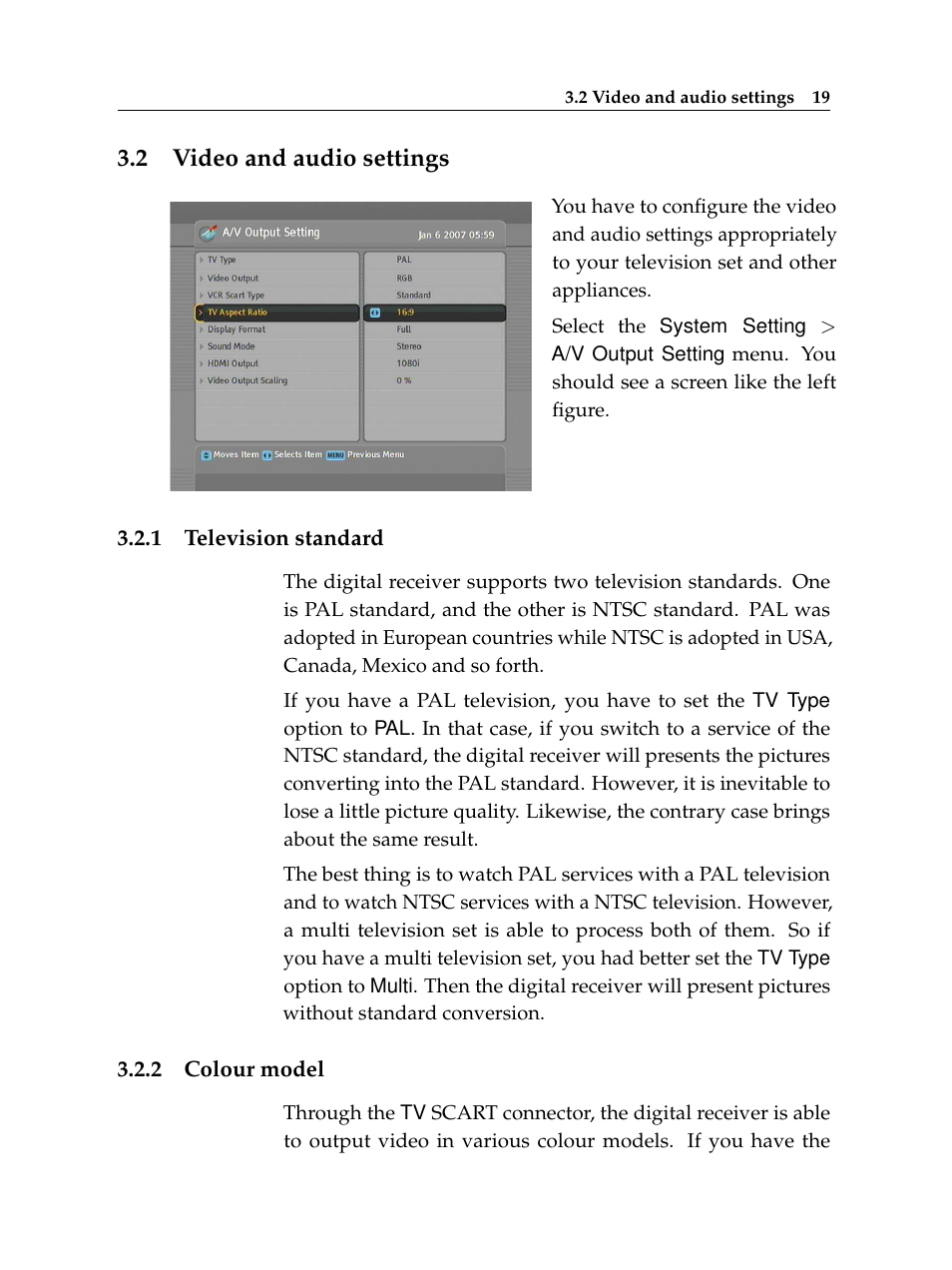 2 video and audio settings, 1 television standard, 2 colour model | Video and audio settings, Television standard, Colour model | Topfield Digital Cable Receiver Personal Video Recorder TF 600 PVRc User Manual | Page 25 / 90