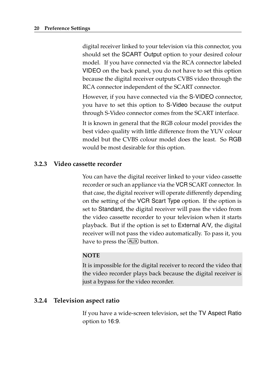 3 video cassette recorder, 4 television aspect ratio, Video cassette recorder | Television aspect ratio | Topfield Digital Cable Receiver Personal Video Recorder TF 600 PVRc User Manual | Page 26 / 90