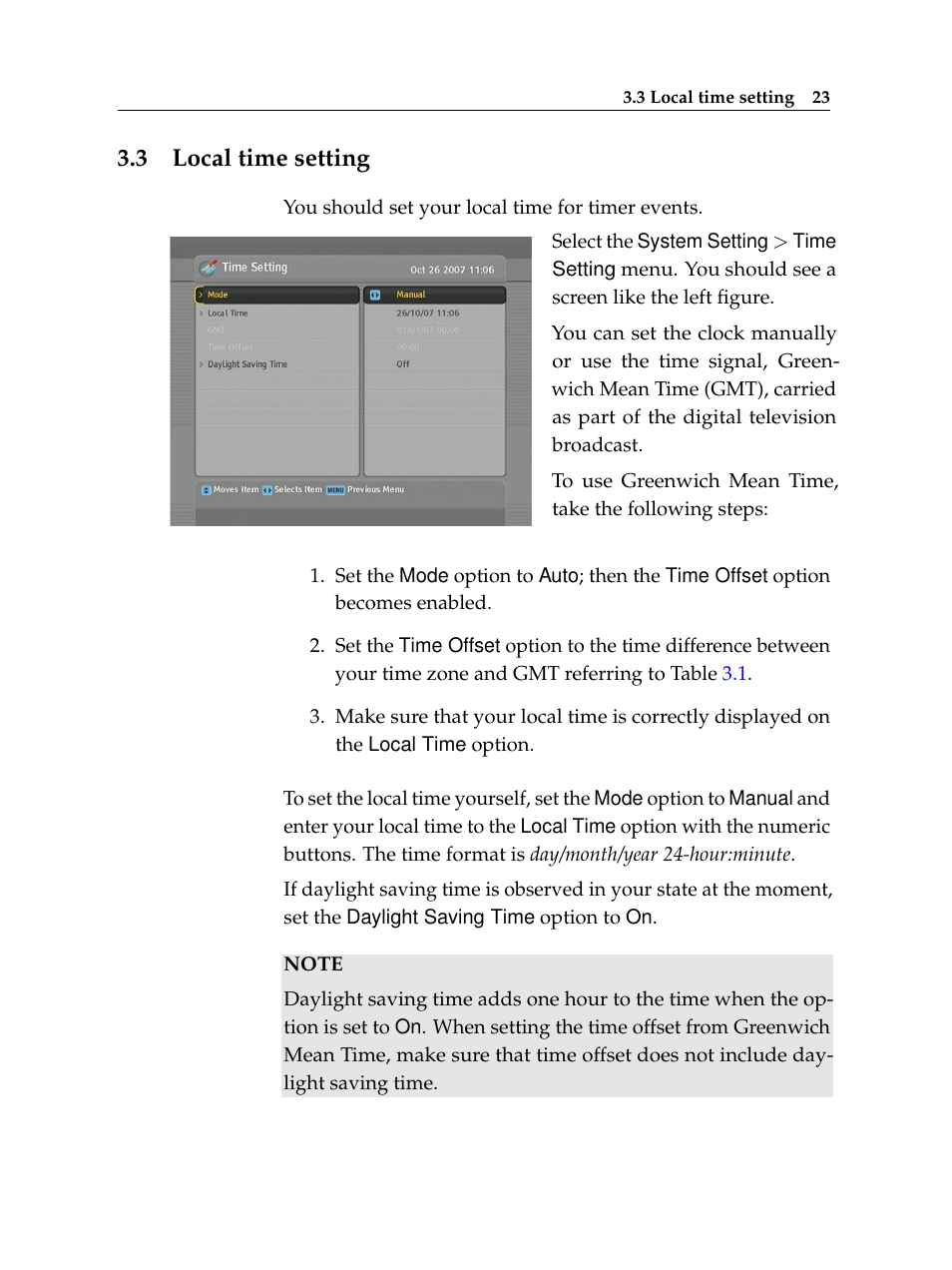 3 local time setting, Local time setting | Topfield Digital Cable Receiver Personal Video Recorder TF 600 PVRc User Manual | Page 29 / 90