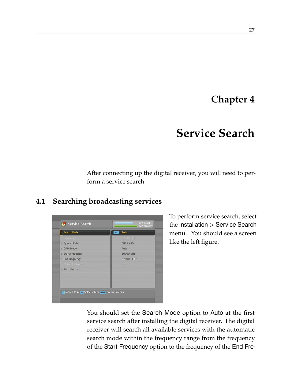 4 service search, 1 searching broadcasting services, Service search | Searching broadcasting services, Chapter 4 | Topfield Digital Cable Receiver Personal Video Recorder TF 600 PVRc User Manual | Page 33 / 90