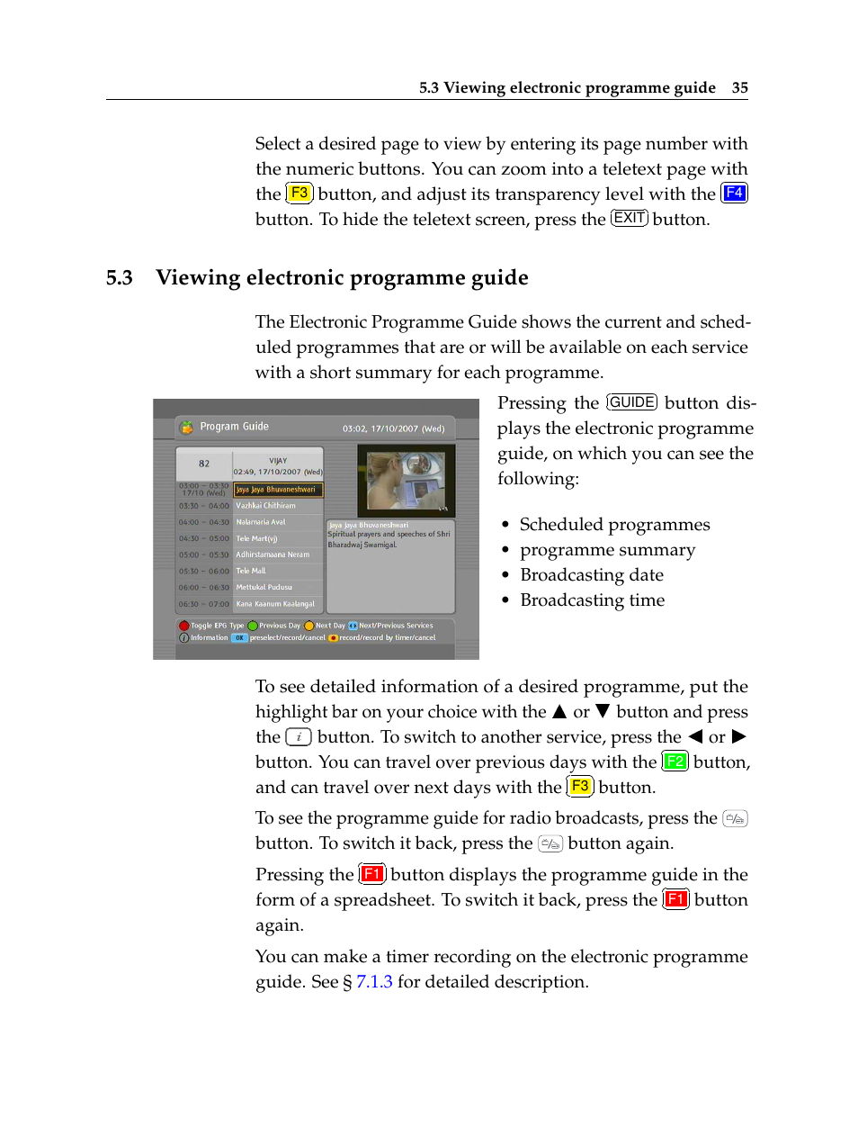 3 viewing electronic programme guide, Viewing electronic programme guide | Topfield Digital Cable Receiver Personal Video Recorder TF 600 PVRc User Manual | Page 41 / 90