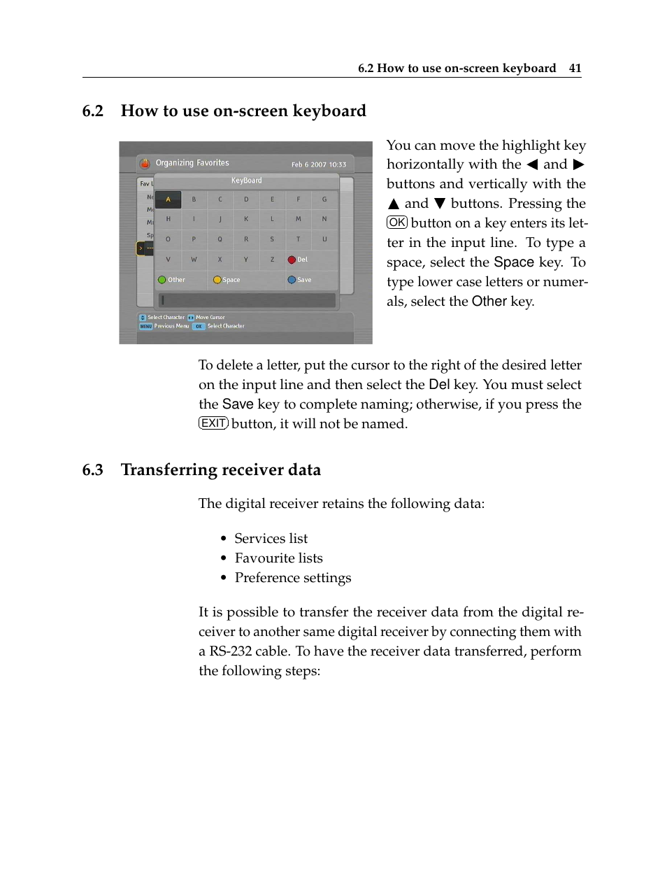 2 how to use on-screen keyboard, 3 transferring receiver data, How to use on-screen keyboard | Transferring receiver data | Topfield Digital Cable Receiver Personal Video Recorder TF 600 PVRc User Manual | Page 47 / 90