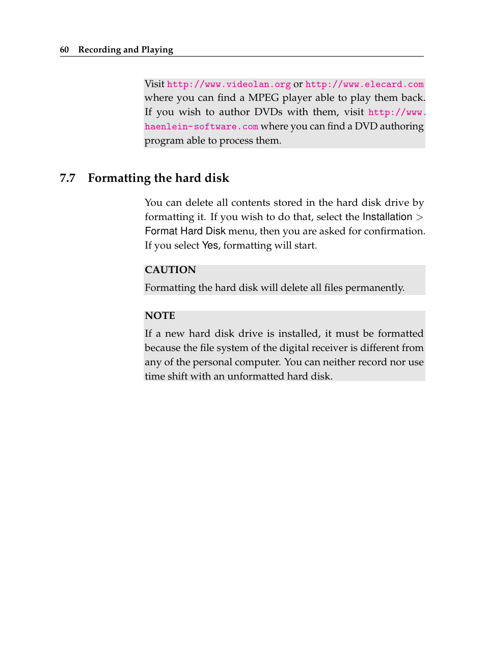 7 formatting the hard disk, Formatting the hard disk | Topfield Digital Cable Receiver Personal Video Recorder TF 600 PVRc User Manual | Page 66 / 90