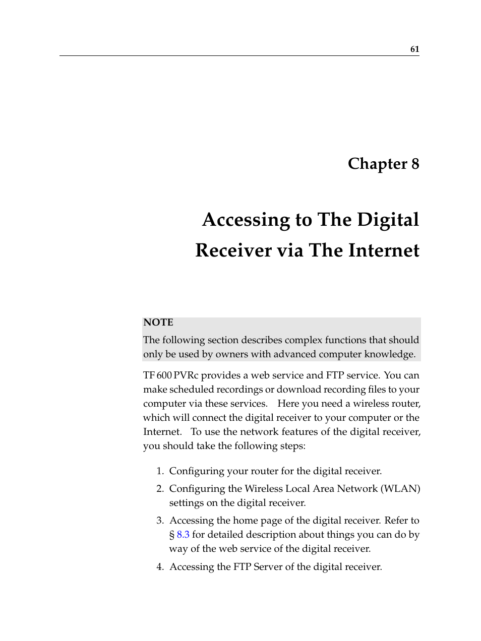 Accessing to the digital receiver via the internet, Chapter 8 | Topfield Digital Cable Receiver Personal Video Recorder TF 600 PVRc User Manual | Page 67 / 90