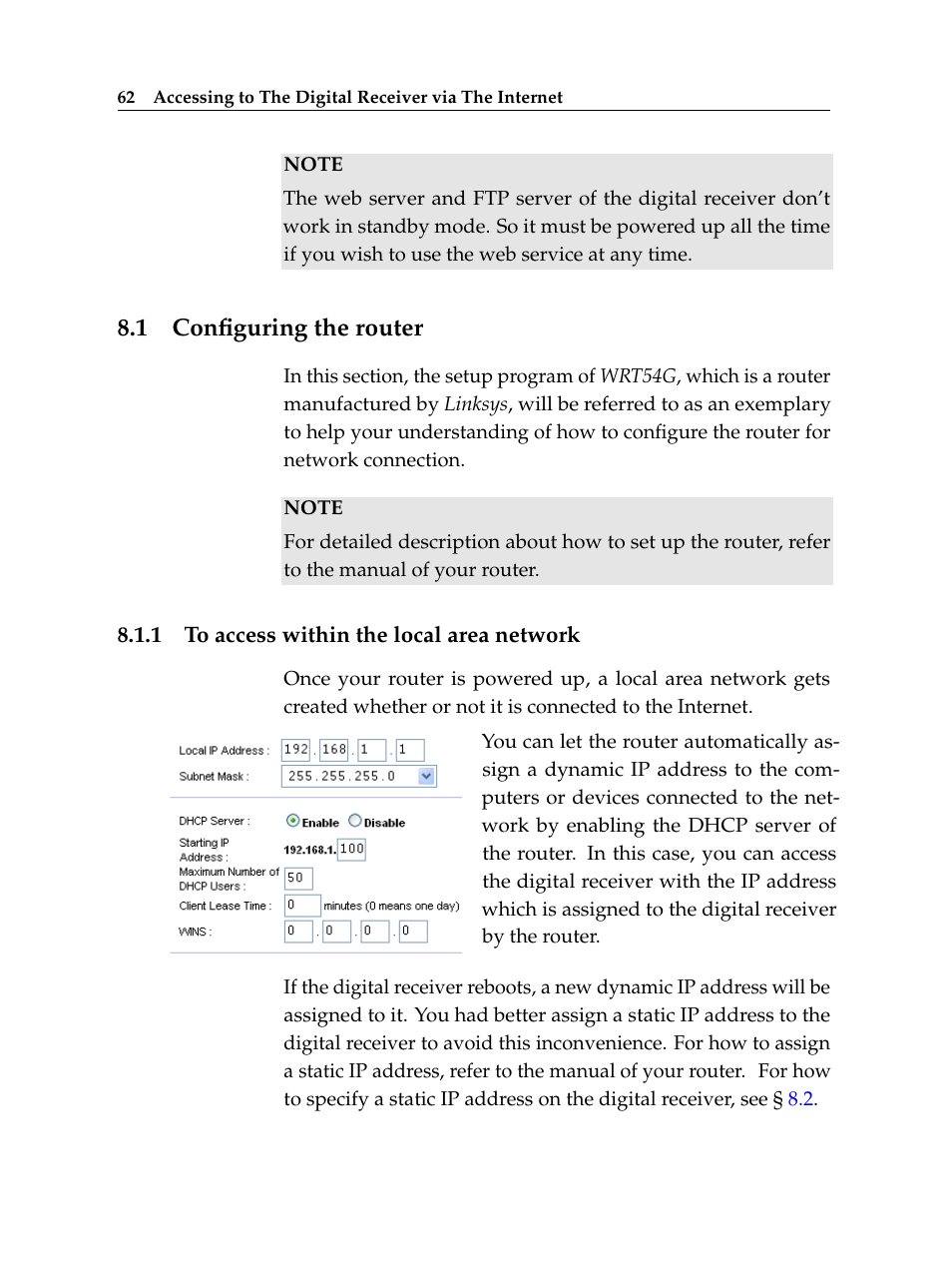 1 configuring the router, 1 to access within the local area network, Configuring the router | To access within the local area network | Topfield Digital Cable Receiver Personal Video Recorder TF 600 PVRc User Manual | Page 68 / 90