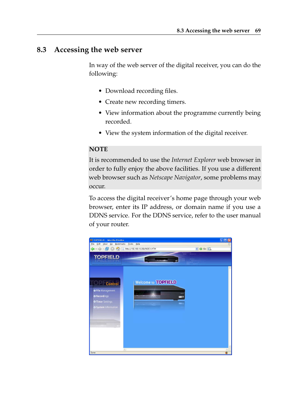 3 accessing the web server, Accessing the web server | Topfield Digital Cable Receiver Personal Video Recorder TF 600 PVRc User Manual | Page 75 / 90