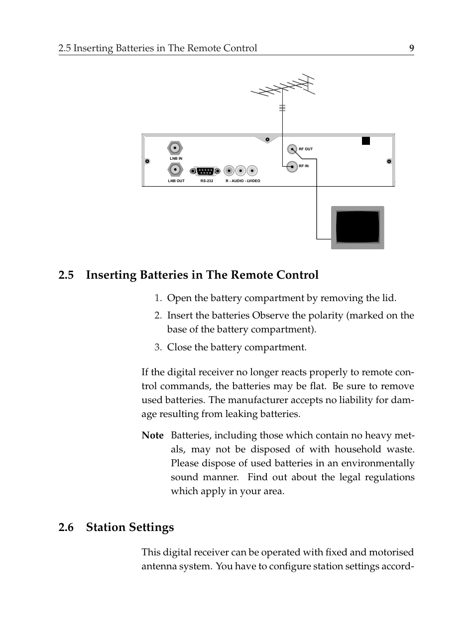 5 inserting batteries in the remote control, 6 station settings, Inserting batteries in the remote control | Station settings | Topfield TF6000F User Manual | Page 13 / 58