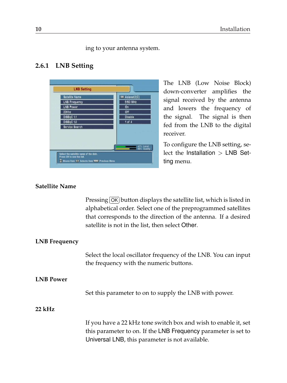 1 lnb setting, Lnb setting | Topfield TF6000F User Manual | Page 14 / 58