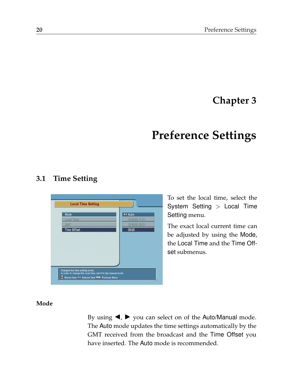 3 preference settings, 1 time setting, Preference settings | Time setting, Chapter 3 | Topfield TF6000F User Manual | Page 24 / 58