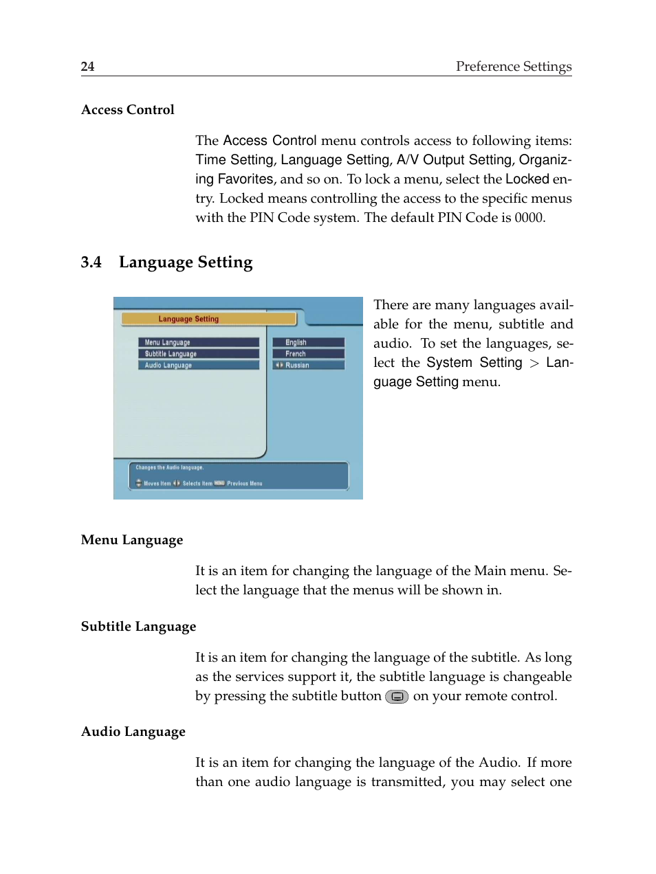 4 language setting, Language setting | Topfield TF6000F User Manual | Page 28 / 58