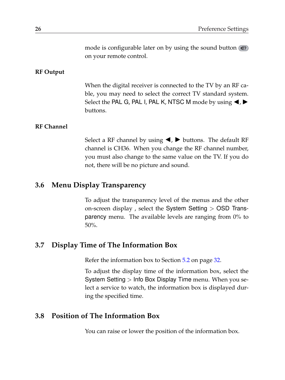 6 menu display transparency, 7 display time of the information box, 8 position of the information box | Menu display transparency, Display time of the information box, Position of the information box | Topfield TF6000F User Manual | Page 30 / 58