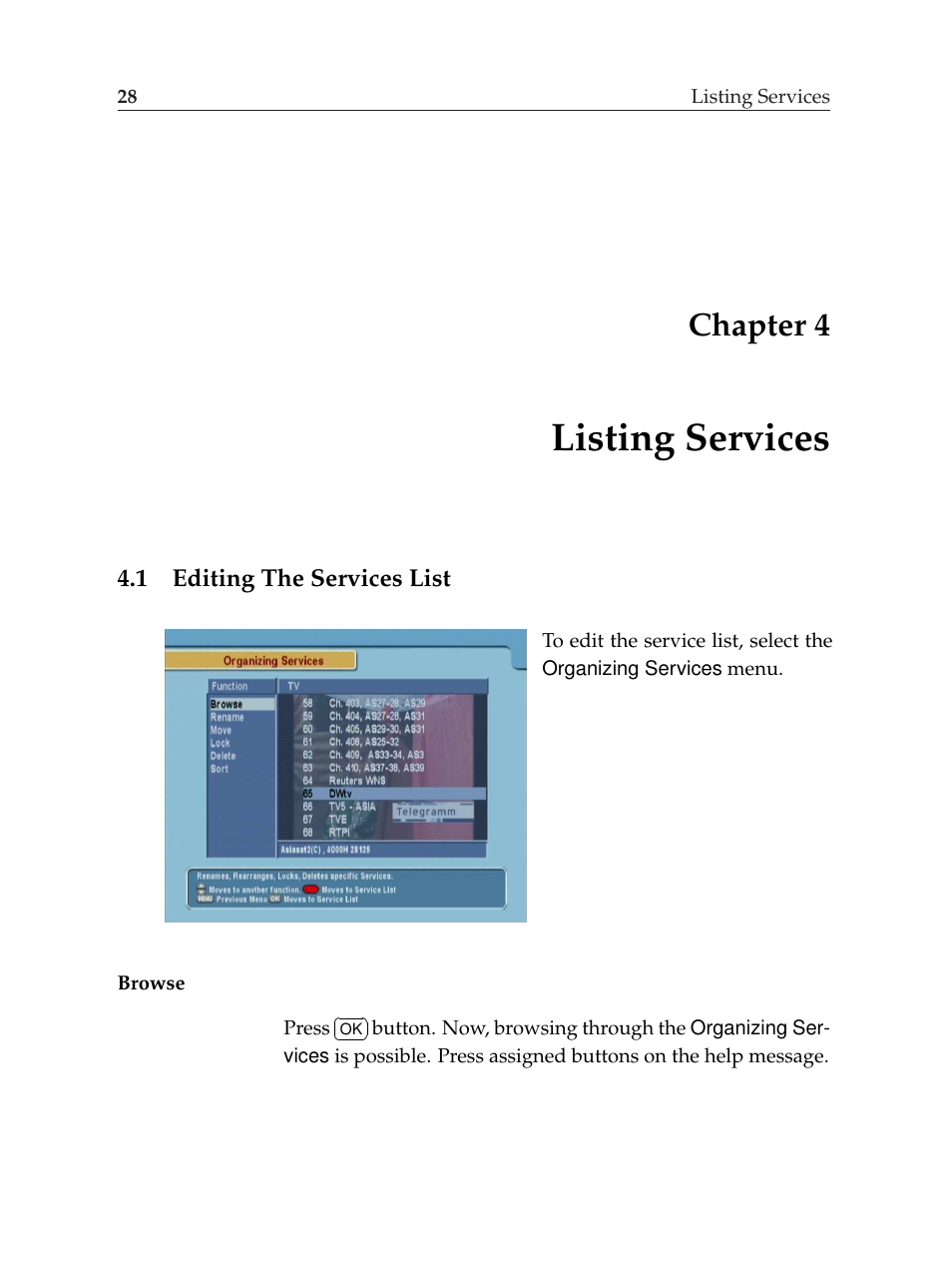 4 listing services, 1 editing the services list, Listing services | Editing the services list, Chapter 4 | Topfield TF6000F User Manual | Page 32 / 58