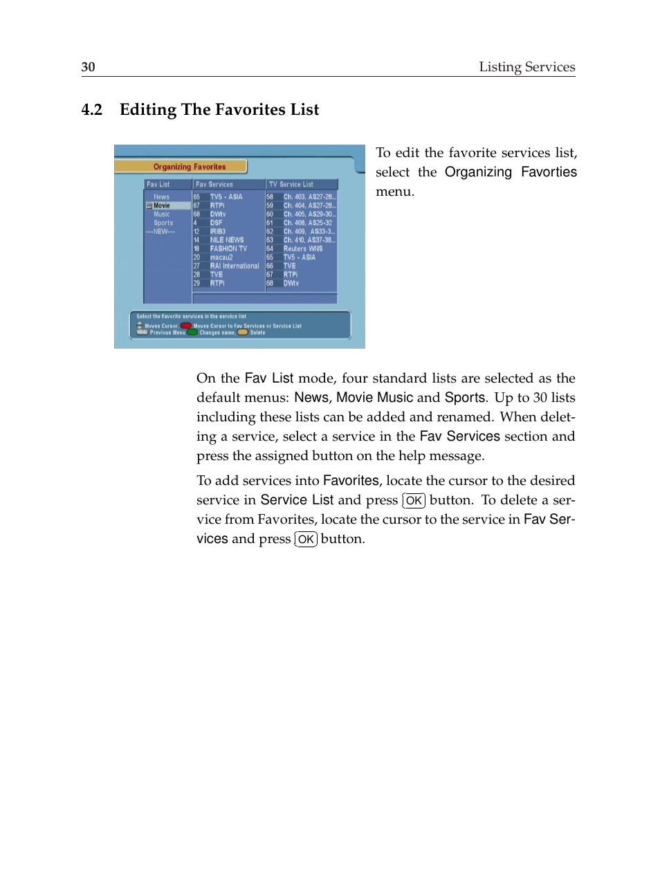 2 editing the favorites list, Editing the favorites list | Topfield TF6000F User Manual | Page 34 / 58