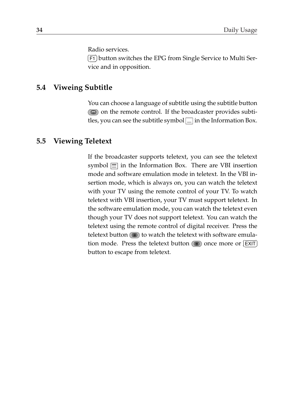 4 viweing subtitle, 5 viewing teletext, Viweing subtitle | Viewing teletext | Topfield TF6000F User Manual | Page 38 / 58