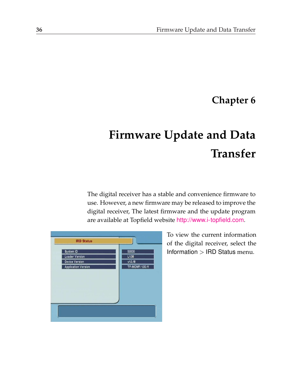 6 firmware update and data transfer, Firmware update and data transfer, Chapter 6 | Topfield TF6000F User Manual | Page 40 / 58