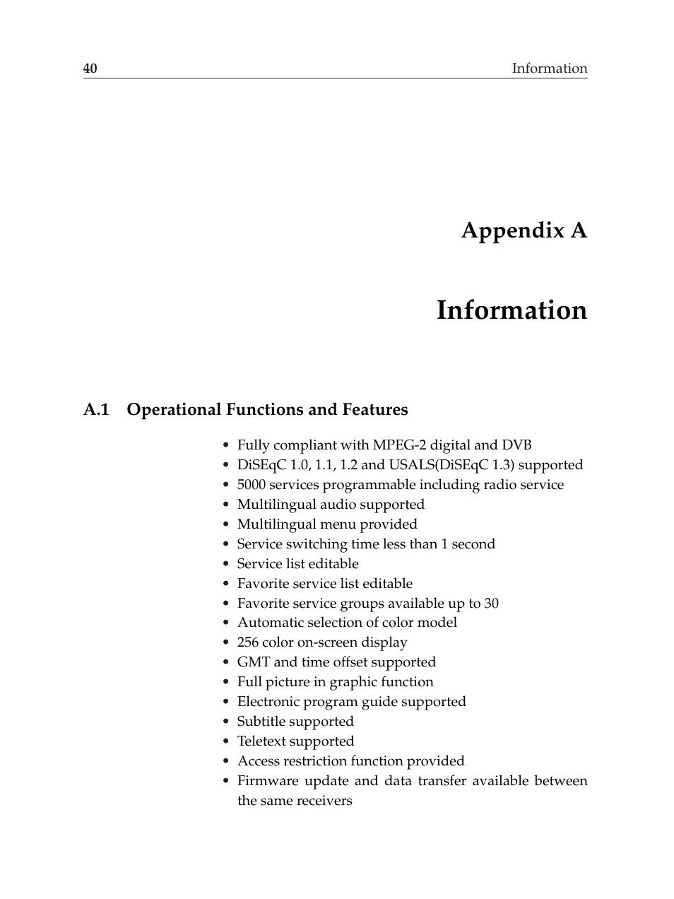 A information, A.1 operational functions and features, Information | Appendix a | Topfield TF6000F User Manual | Page 44 / 58