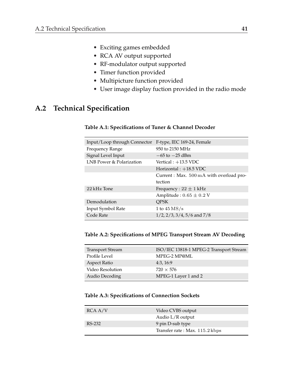 A.2 technical specification, A.2 technical speciﬁcation | Topfield TF6000F User Manual | Page 45 / 58