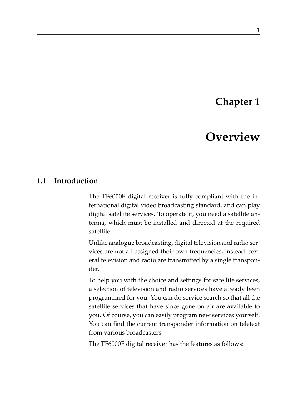 1 overview, 1 introduction, Overview | Introduction, Chapter 1 | Topfield TF6000F User Manual | Page 5 / 58