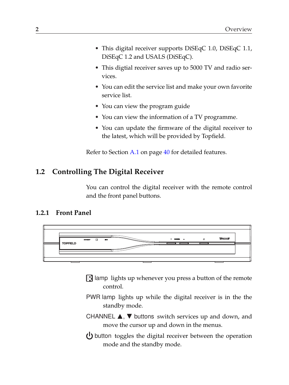 2 controlling the digital receiver, 1 front panel, Controlling the digital receiver | Front panel | Topfield TF6000F User Manual | Page 6 / 58