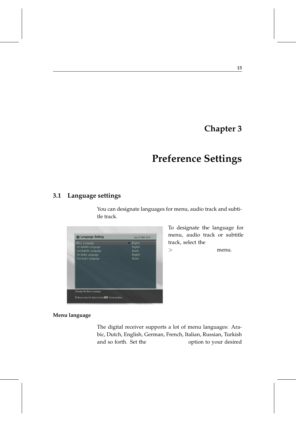 3 preference settings, 1 language settings, Preference settings | Language settings, Chapter 3 | Topfield DV3 Digital Terrestrial Receiver Personal Video Recorder TF 6000 PVRt User Manual | Page 23 / 88