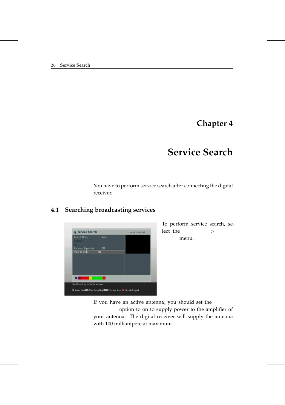 4 service search, 1 searching broadcasting services, Service search | Searching broadcasting services, Chapter 4 | Topfield DV3 Digital Terrestrial Receiver Personal Video Recorder TF 6000 PVRt User Manual | Page 34 / 88